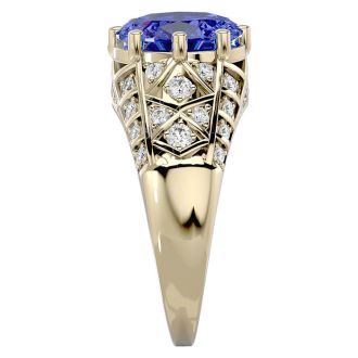 2 3/4 Carat Oval Shape Tanzanite and Diamond Ring In 10 Karat Yellow Gold