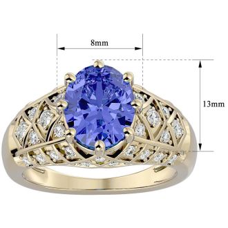 2 3/4 Carat Oval Shape Tanzanite and Diamond Ring In 10 Karat Yellow Gold