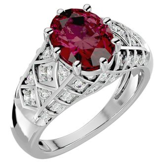 Garnet Ring: Garnet Jewelry: 3 1/2 Carat Oval Shape Garnet and Diamond Ring In 10 Karat White Gold