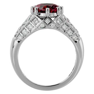 Garnet Ring: Garnet Jewelry: 3 1/2 Carat Oval Shape Garnet and Diamond Ring In 10 Karat White Gold
