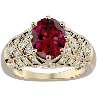 Garnet Ring: Garnet Jewelry: 3 1/2 Carat Oval Shape Garnet and Diamond Ring In 10 Karat Yellow Gold