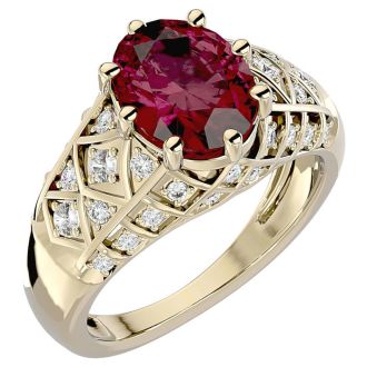 Garnet Ring: Garnet Jewelry: 3 1/2 Carat Oval Shape Garnet and Diamond Ring In 10 Karat Yellow Gold