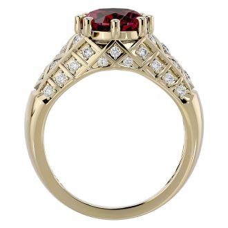 Garnet Ring: Garnet Jewelry: 3 1/2 Carat Oval Shape Garnet and Diamond Ring In 10 Karat Yellow Gold