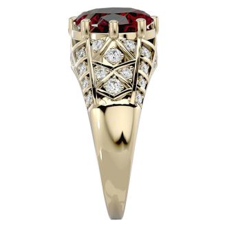 Garnet Ring: Garnet Jewelry: 3 1/2 Carat Oval Shape Garnet and Diamond Ring In 10 Karat Yellow Gold