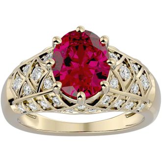 3 1/2 Carat Oval Shape Ruby and Diamond Ring In 10 Karat Yellow Gold