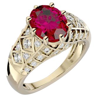 3 1/2 Carat Oval Shape Ruby and Diamond Ring In 10 Karat Yellow Gold