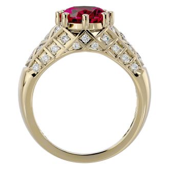 3 1/2 Carat Oval Shape Ruby and Diamond Ring In 10 Karat Yellow Gold