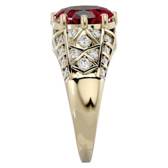 3 1/2 Carat Oval Shape Ruby and Diamond Ring In 10 Karat Yellow Gold