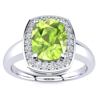 2 2/3 Carat Cushion Cut Peridot and Halo Diamond Ring In 14 Karat White Gold