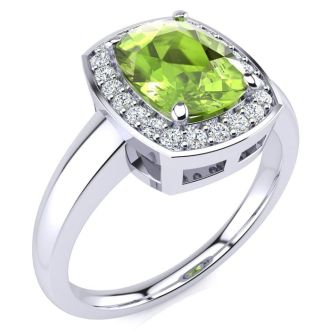 2 2/3 Carat Cushion Cut Peridot and Halo Diamond Ring In 14 Karat White Gold
