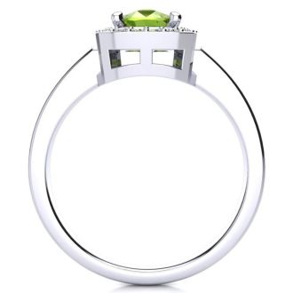 2 2/3 Carat Cushion Cut Peridot and Halo Diamond Ring In 14 Karat White Gold
