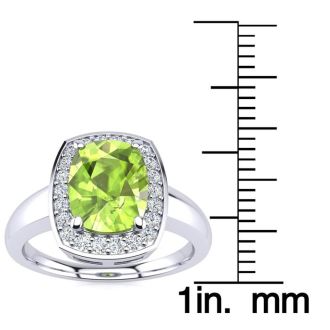2 2/3 Carat Cushion Cut Peridot and Halo Diamond Ring In 14 Karat White Gold