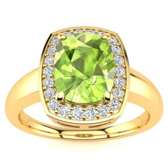 2 2/3 Carat Cushion Cut Peridot and Halo Diamond Ring In 14 Karat Yellow Gold