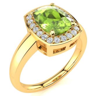 2 2/3 Carat Cushion Cut Peridot and Halo Diamond Ring In 14 Karat Yellow Gold