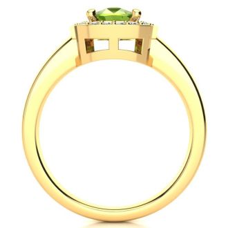 2 2/3 Carat Cushion Cut Peridot and Halo Diamond Ring In 14 Karat Yellow Gold