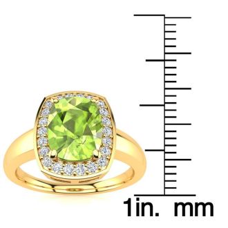 2 2/3 Carat Cushion Cut Peridot and Halo Diamond Ring In 14 Karat Yellow Gold