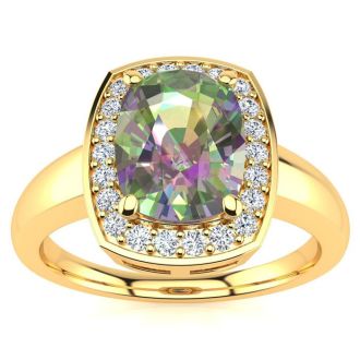 2 Carat Cushion Shape Mystic Topaz Ring With Diamond Halo In 14 Karat Yellow Gold