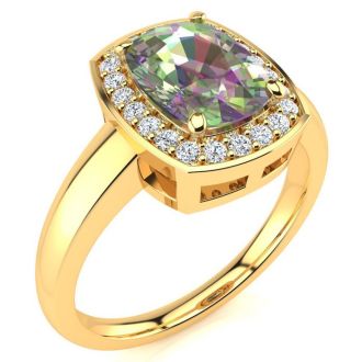 2 Carat Cushion Shape Mystic Topaz Ring With Diamond Halo In 14 Karat Yellow Gold