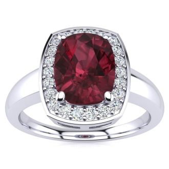 Garnet Ring: Garnet Jewelry: 3 Carat Cushion Cut Garnet and Halo Diamond Ring In 14 Karat White Gold