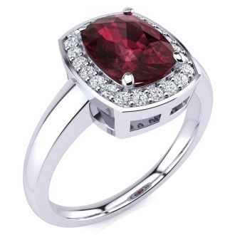 Garnet Ring: Garnet Jewelry: 3 Carat Cushion Cut Garnet and Halo Diamond Ring In 14 Karat White Gold
