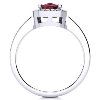 Garnet Ring: Garnet Jewelry: 3 Carat Cushion Cut Garnet and Halo Diamond Ring In 14 Karat White Gold