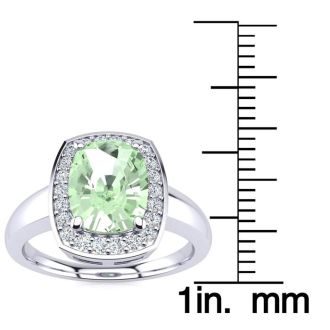 2 Carat Cushion Cut Green Amethyst and Halo Diamond Ring In 14 Karat White Gold