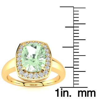 2 Carat Cushion Cut Green Amethyst and Halo Diamond Ring In 14 Karat Yellow Gold