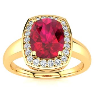 3 Carat Cushion Cut Ruby and Halo Diamond Ring In 14 Karat Yellow Gold