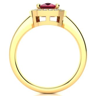 3 Carat Cushion Cut Ruby and Halo Diamond Ring In 14 Karat Yellow Gold