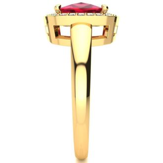 3 Carat Cushion Cut Ruby and Halo Diamond Ring In 14 Karat Yellow Gold