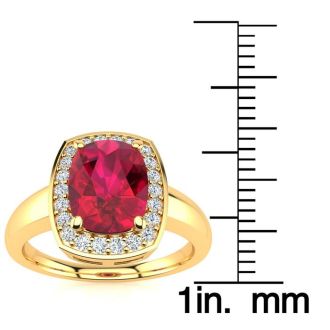 3 Carat Cushion Cut Ruby and Halo Diamond Ring In 14 Karat Yellow Gold