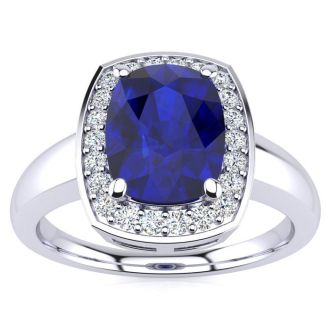 3 Carat Cushion Cut Sapphire and Halo Diamond Ring In 14 Karat White Gold
