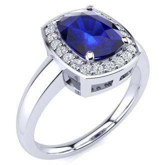 3 Carat Cushion Cut Sapphire and Halo Diamond Ring In 14 Karat White Gold