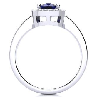 3 Carat Cushion Cut Sapphire and Halo Diamond Ring In 14 Karat White Gold