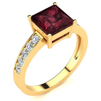 Garnet Ring: Garnet Jewelry: Square Step Cut 1 2/3ct Garnet and Diamond Ring in 14K Yellow Gold