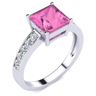 Square Step Cut 1 7/8ct Pink Topaz and Diamond Ring in 14K White Gold