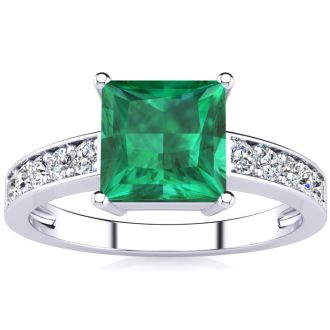 Square Step Cut 1 3/4ct Emerald and Diamond Ring in 14K White Gold