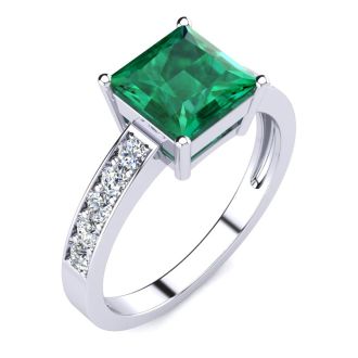Square Step Cut 1 3/4ct Emerald and Diamond Ring in 14K White Gold