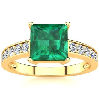 Square Step Cut 1 3/4ct Emerald and Diamond Ring in 14K Yellow Gold