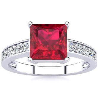 Square Step Cut 1 7/8ct Ruby and Diamond Ring in 14K White Gold