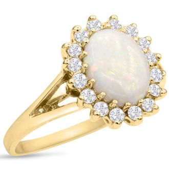 1-1/2 Carat Opal Ring and Halo Diamonds In 14 Karat Yellow Gold