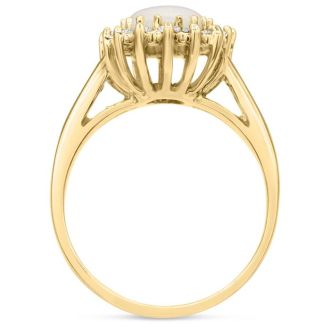 1-1/2 Carat Opal Ring and Halo Diamonds In 14 Karat Yellow Gold