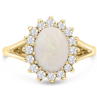 1-1/2 Carat Opal Ring and Halo Diamonds In 14 Karat Yellow Gold