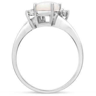 7/8 Carat Opal Ring and Two Diamonds In 14 Karat White Gold
