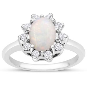 1 Carat Opal Ring and Halo Diamonds In 14 Karat White Gold