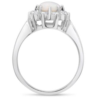 1 Carat Opal Ring and Halo Diamonds In 14 Karat White Gold