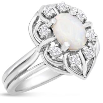 1 Carat Vintage Opal Ring and Halo Diamonds In 14 Karat White Gold
