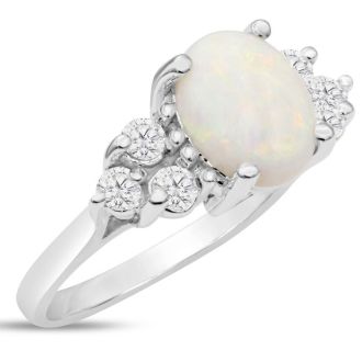 3 Carat Opal Ring with 6 Diamonds In 14 Karat White Gold