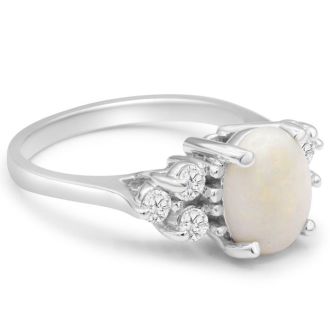 3 Carat Opal Ring with 6 Diamonds In 14 Karat White Gold