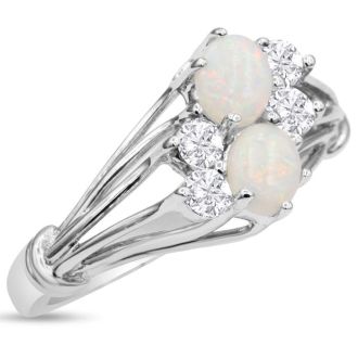 3/4 Carat Double Opal Ring with 4 Diamonds In 14 Karat White Gold